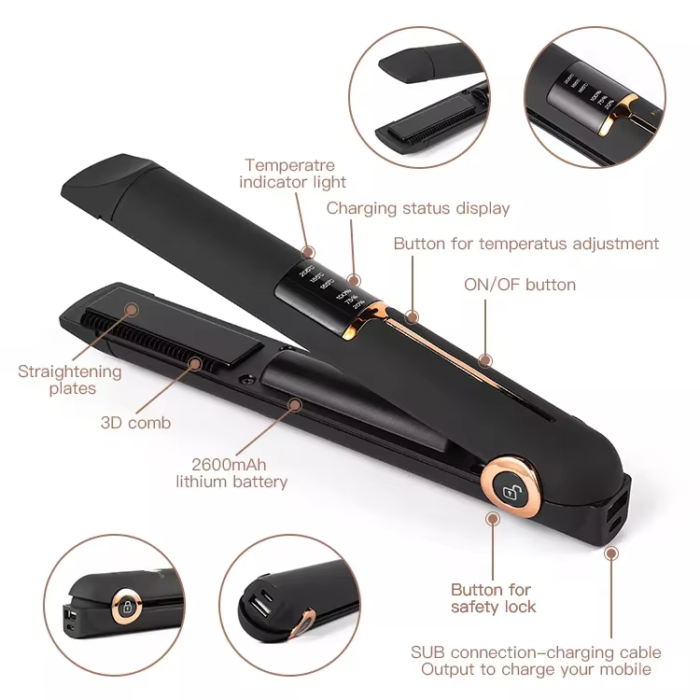 Wireless Travel Hair Straightener Portable USB Rechargeable Flat Iron LCD 20W