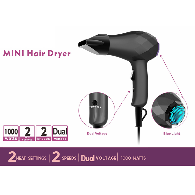 1000W Household Mini Blow Hair Dryer with Blue Light Dual Voltage DR940025-3 Negative Ion Foldable Hair Fast Drying Electric Hair Dryer with Concentrator