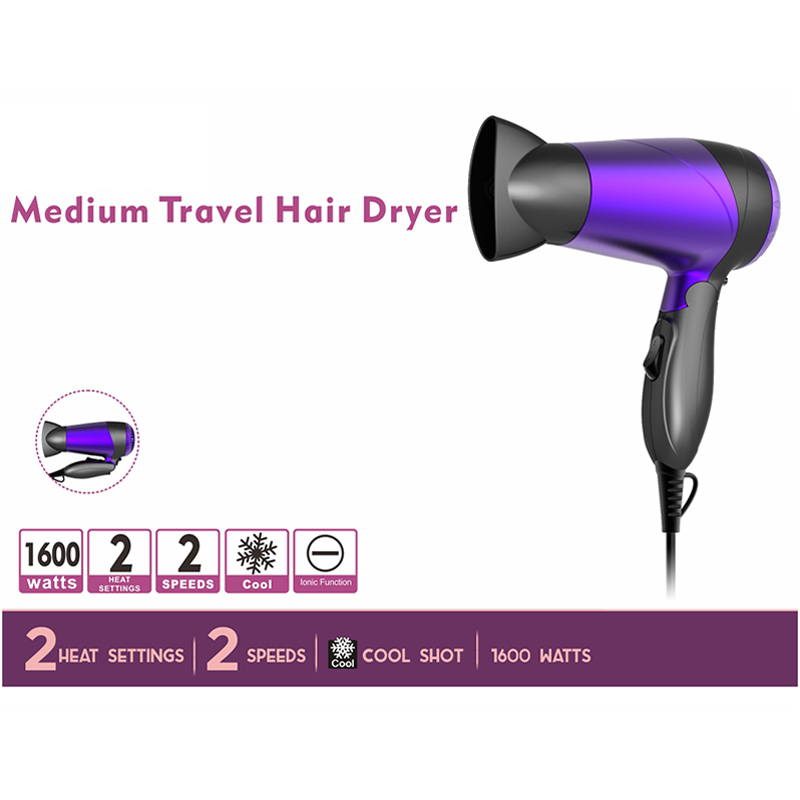 1600 Watt Hotel Foldable Travel Hair Dryer with Cool Shot Function DR940038-6 Negative Ion Foldable Hair Fast Drying Electric Hair Dryer with Concentrator