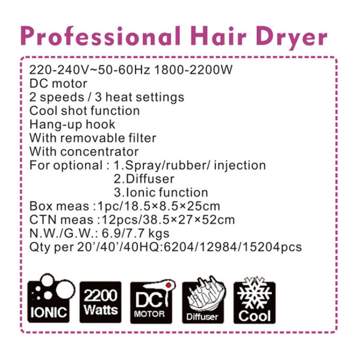 1800-2200W Ionic Professional Hair Dryer with Cool Shot Function