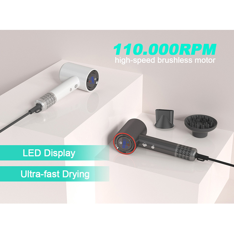 Blow Dryer With LED Display 110000RPM BLDC High Speed Motor Salon Ionic Leafless DR940009-5 Negative Ion Foldable Hair Fast Drying Electric Hair Dryer with Concentrator