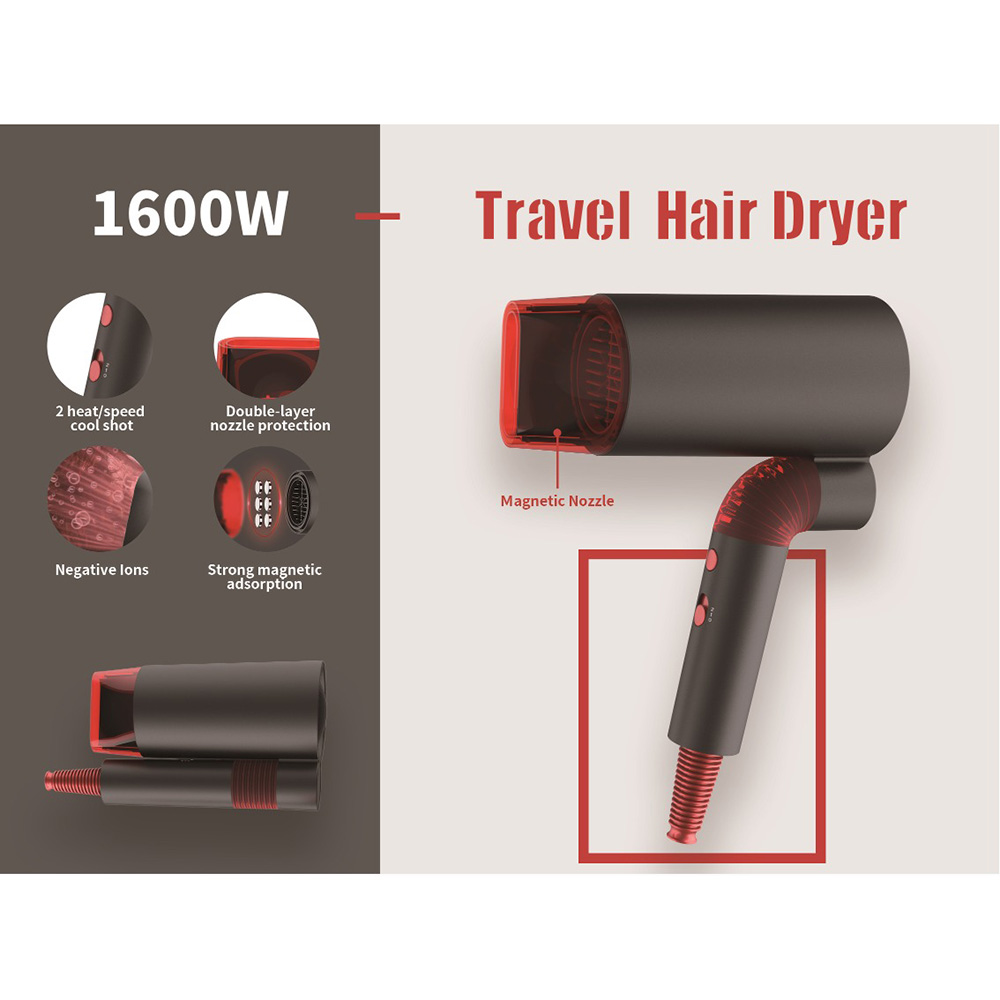 Professional Ionic Foldable Handle Hair Dryer With Magnetic Nozzle DR940013-3 Negative Ion Foldable Hair Fast Drying Electric Hair Dryer with Concentrator