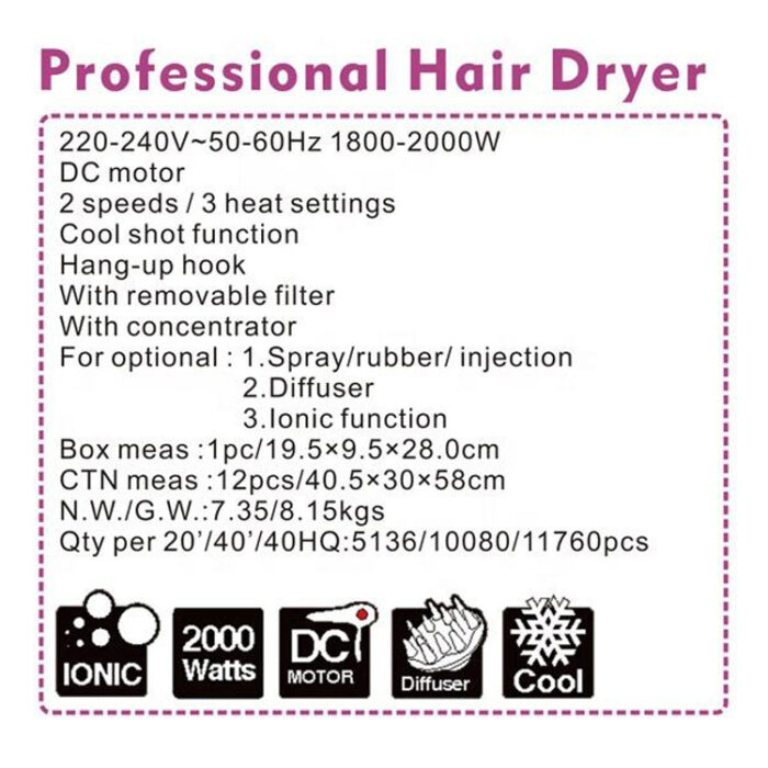 Salon Hair Dryer with Concentrator Cool Shot Function DC Motor 1800-2000W