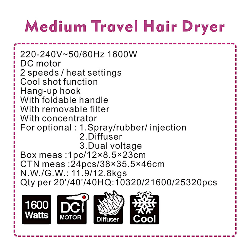 Portable Travel Hair Dryer with Foldable Handle 1600W DR940040-7 Negative Ion Foldable Hair Fast Drying Electric Hair Dryer with Concentrator